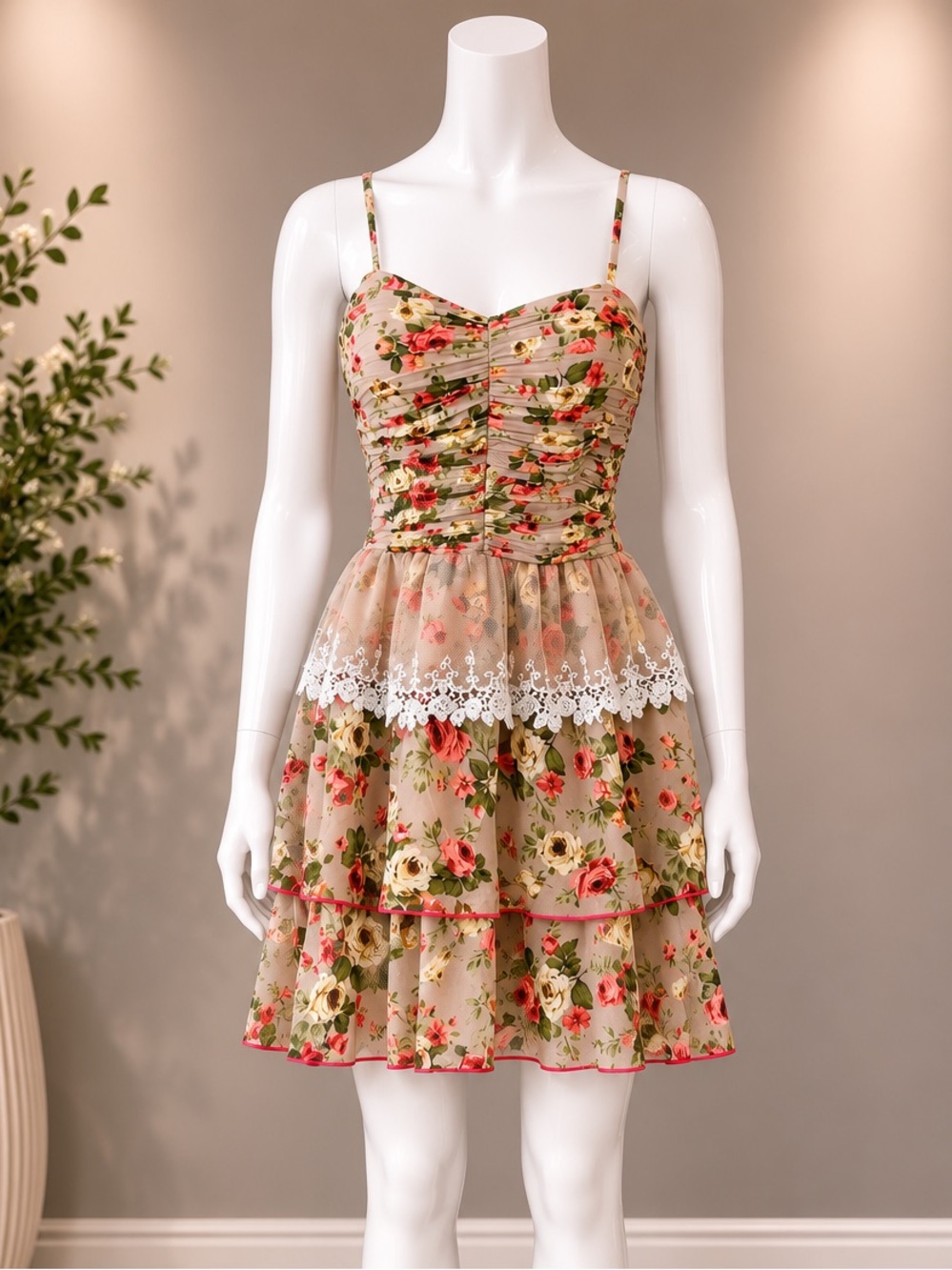 Floral Lace-Trim Tiered Sundress in Beige and Pink